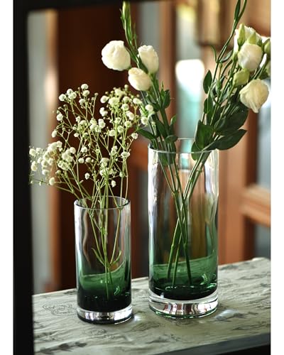 CONVIVA Green Glass Vases for Flowers Cylinder Centerpieces Set of 2, Modern Blown Colored Glass Heavy Thick Sturdy Home Decor Gift Ideas for Mother's Day Vintage Room Decor, 10" & 7" - color: Green Set of 2