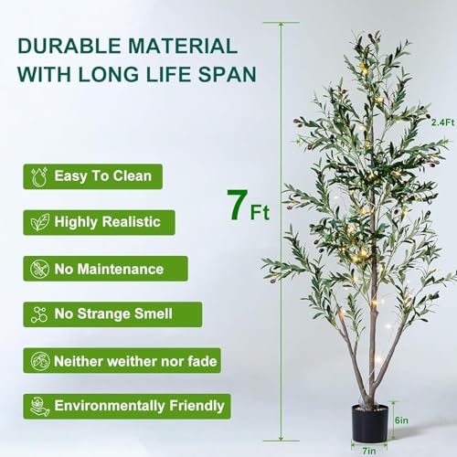 Olive Trees Artificial Indoor, 7FT Tall Faux Olive Tree with Moss and Planter, Artificial Plants Indoor with Realistic Silk Leaves and Lifelike Fruits, Fake Tree for Home Office Living Room Decor - size: 7ft