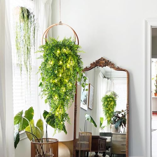 RECUTMS Artificial Boston Ferns 4 Pack Fake Hanging Plants with 30 LED Lights Faux Ivy Vine Leaves Plastic Greenery UV Resistant for Home Bedroom Wall Porch Garden Wedding Decor (Green) - color: Green-light