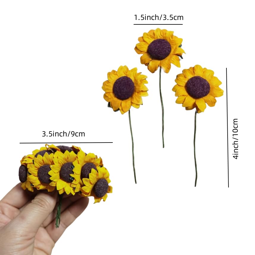 100 pcs Mini Dark Yellow Sunflowers, 1.2" Tiny Fake Flowers with10 yard hemp rope , Miniature Flowers for Crafts, Miniature Flowers for Dollhouse, for Gift Decoration,Dining Table Decoration - color: Dark Yellow Sunflower
