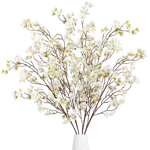 Sggvecsy Artificial Cherry Blossom Flowers 4 Pcs Faux Cherry Blossom Stems Faux Silk Cherry Blossom Branches 41’’ Fake Flowers Long Stems for Vase Arrangements Home Wedding Table Decor (White) - color: New White