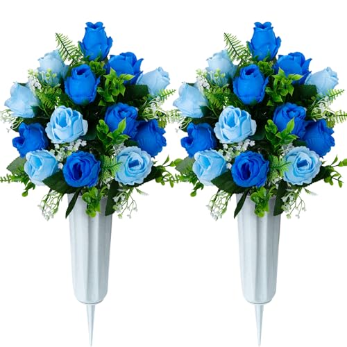 XONOR Artificial Cemetery Flowers for Grave Decorations, Artificial Memorial Roses Flowers Bouquet with Vase for Cemetery Headstones Decoration, 2 Sets (Dark Blue&Light Blue) - color: Dark Blue&light Blue