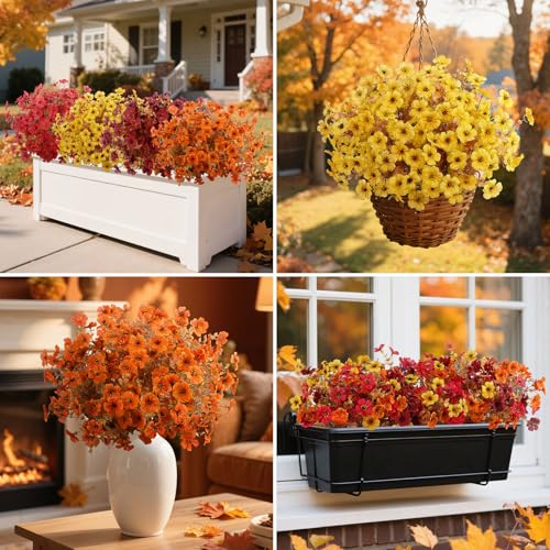 Roberly Artificial Fall Flowers for Outdoors Decoration, 12 Bundles Fake Mums Silk Daisy Flowers UV Resistant Faux Plastic Plants for Autumn Thanksgiving Porch Front Door Garden Home Decor, Mix Color - color: Mixedcolor