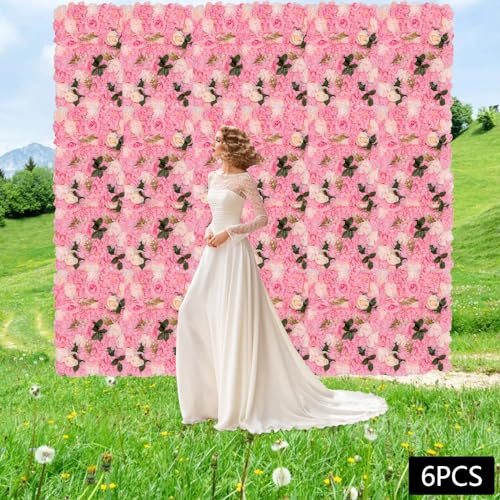 Flower Wall Panel Floral Backdrop, 6 Pcs Flower Wall Decor, 24" X 16" Silk Rose Wall, Artificial Flower Wall Backdrop Faux Flower Panel for Wedding, Party, Home (Dark Pink Dahlia Rose) - color: Dark Pink Dahlia Rose