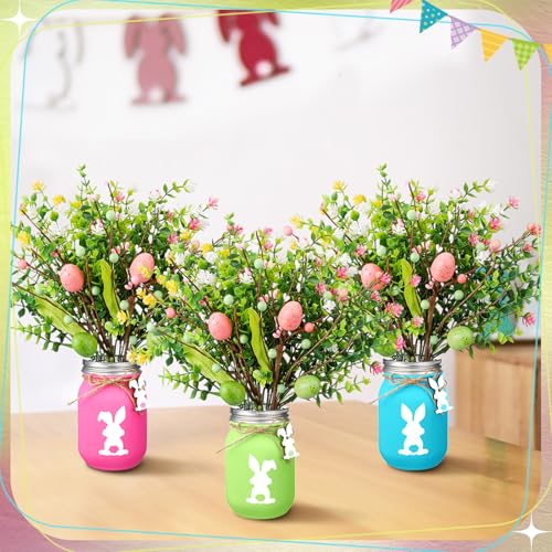 Pickmesh 3 Set Easter Bunny Mason Jars with Pastel Easter Eggs Picks with Artificial Flowers Berries Spring Tabletop Decor Centerpiece for Home Dining Table Holiday Decorations