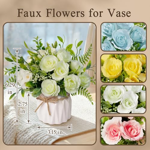 Green Artificial Silk Roses with Ceramic Vase, No Maintenance Faux Flower Arrangement, 6.3 Inch Realistic Table Decor for Home Office Wedding - color: Green
