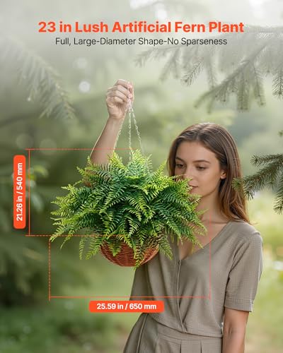 VEVOR Artificial Ferns, 2 Pcs Fake Hanging Boston Fern Bush Plant with 23 Inch Hanging Length, Plastic Faux Greenery for Indoor and Outdoor Decor, for Wall, Wedding Party, Home, Porch Garden, Office - size: 21.26 x 21.26 x 16.92 in