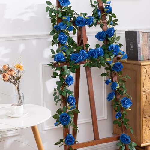 U'Artlines 5 Pack Artificial Royal Blue Rose Vines Floral Garlands Total 32.5 Ft Fake Vine Silk Flower Garland for Indoor Outdoor Home Wedding Arch Garden Wall Decoration - color: Royal Blue, size: Set of 5