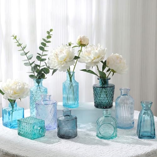 Set of 30 Blue Colored Glass Bud Vases - Small Textured Flower Vases for Centerpieces, Wedding Table Decor, Retro Home Decor Bulk Vase Set for DIY, Events & Gifts - color: Blue