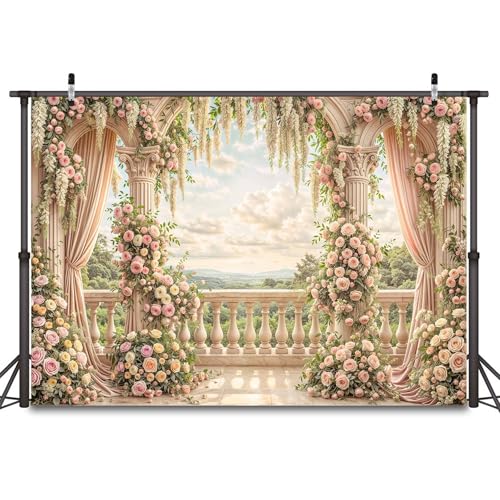 5 x 3 ft Pink Floral Backdrop Rome Garden Balcony Arch Retro Flowers Photography Backdrops Wedding Birthday Party Decorations Baby Bridal Shower Portrait Photo Background Studio Props Wall Decor - color: Multi02, size: 5X3FT