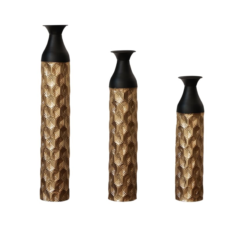 Metal Floor Vases Decorative, Set of 3 Flower Arrangement Stand, Metal Decorative Vase Tall Distressed Metallic Centerpiece Vases with 3D Triangle Pattern, 33.8", 29", 24.8" H (Black1＆Gold1) - color: Black1＆gold1