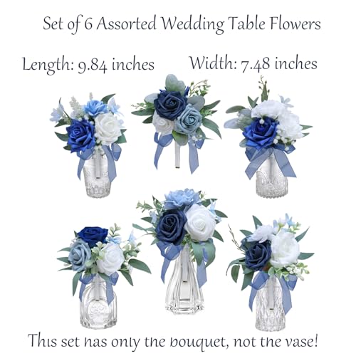Marriwise Set of 6 Navy Blue Assorted Wedding Flower Centerpieces Pre-Made Mini Bridesmaid Bouquets Artificial Floral Rose Table Decor for Outdoor Beach Wedding Decorations Shower Home Decor - color: Navy Blue