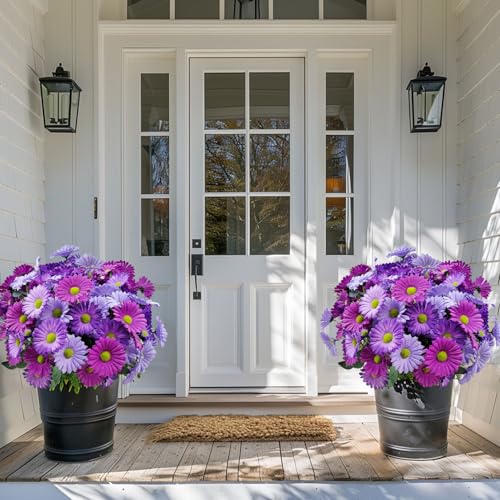 8 Bundles Artificial Silk Gerbera Daisy Flowers Fake Outdoor Bouquet Realistic Bulk Bouquet UV Resistant for Garden Front Porch Pots Home Indoor Table Vase Decoration (Purple+Blue) - color: Purple+blue