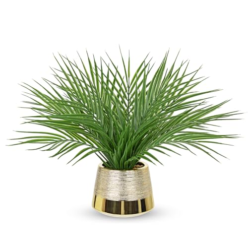 Briful Fake Plants Artificial Palm Leaf Plant in Gold Planter – 15’’ Tall Faux Tropical Greenery in Brushed Gold Pot for Modern Home Decor, Office Desk, Living Room, Shelf, Bathroom Decoration - color: Green#027