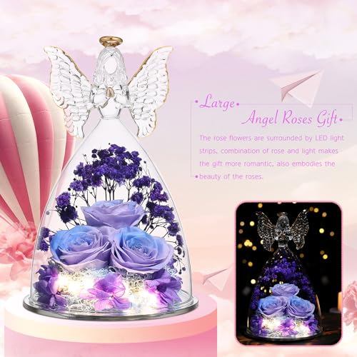 Mothers Day Rose Gifts for Women Preserved Real Flower in Glass Angel Figurines Roses for Delivery Prime Birthday Gifts for Mom Grandma Girlfriend Wife Her, BluePurple - color: Bluepurple