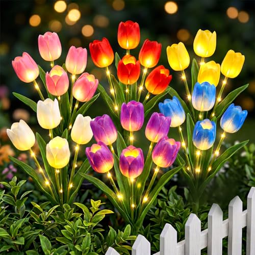 Solar Tulip Lights Outdoor Waterproof: 6 Pack 6 Color Solar Flower Garden Lights with Bendable Stems - 800mAh for 12H Lighting Auto On/Off - Garden Gifts for Mom - Patio Porch Yard Lawn Decor - color: Orange+Pink+Yellow+Blue+Purple+White