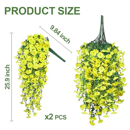 Artificial Hanging Flowers for Outdoors, 2PCS 300 Blooms UV Resistant Morning Glory Vine Fake Flowers with Eucalyptus, Realistic Silk Faux Hanging Plants Spring Summer Decorations for Outside(Yellow) - color: Yellow, size: 2PCS