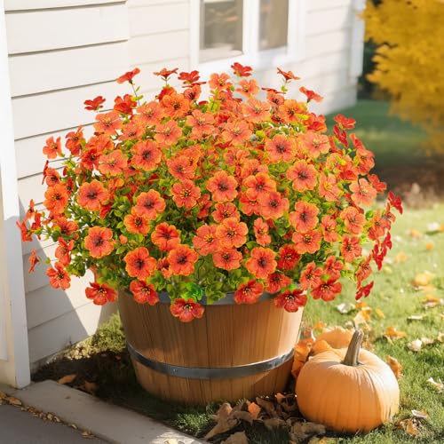 LikSoor 16 Bundles Artificial Flowers Outdoor Spring Summer Decoration Fake Silk Colorful Daisy Eucalyptus Realistic UV Resistant Outside Faux Plants for Garden Porch Window Box Home Decor (Orange) - color: Orange