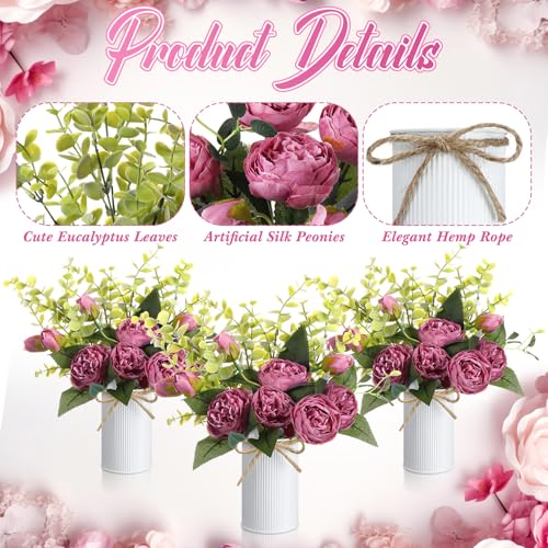 6 Sets Artificial Peonies Flowers, 6 Artificial Peony with Vase 6 Faux Eucalyptus, Faux Silk Peony Bouquet Spring Flowers for Decoration Wedding Party Home Dining (Purple) - color: Purple
