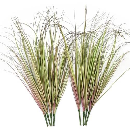 CATTREE Fake Plants Artificial Wheat Grass Outdoor Shrubs 8 Bundles, Faux Plastic Leaves Greenery Bushes for Garden Wedding Party DIY Decorations Indoor Office UV Resistant Glass Planter Filler Purple - color: Wheat Grass - Purple - 8 Pack