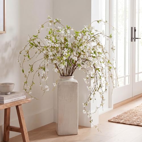 Zeyune 6 Pcs Artificial Blossom Branches with Green Buds 40" Faux Plastic Floral Plant Stem Picks Sprigs for Vase DIY Home Office Wedding Party Indoor Outdoor Summer Decor (Green, White Blossom) - color: Green, size: White Blossom