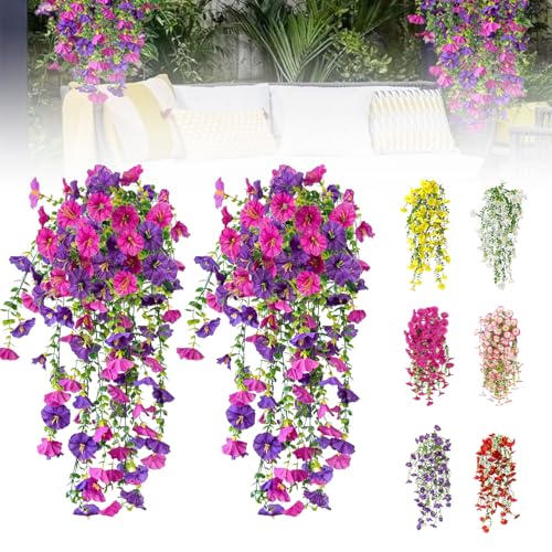 Artificial Flowers for Outdoors Fake Morning Glory Hanging Flower Decoration, 2 Pcs Realistic Faux Plants Petunias Trailing Vines, Spring Decor for Porch Patio Balcony Planter Yard(Purple+Fuchsia) - color: Purple+fuchsia, size: 2 Pcs