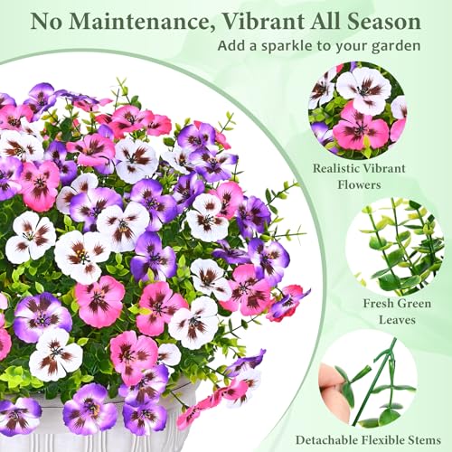 MARTINE MALL 18 Bundles Look Real Artificial Flowers for Outdoors, Realistic Fake Outdoor Flowers UV Resistant Silk Pansy Flower for Outside Faux Flower Plant for Outdoor Porch Yard, Pink+Purple+White - color: Pink+purple+white, size: 18 Bundles