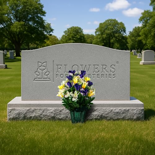 Sympathy Silks Artificial Cemetery Flowers - Grave Decoration - Yellow Tulips and Purple Iris (1) Potted Arrangement - color: Yellow/Purple, size: (1) Pot