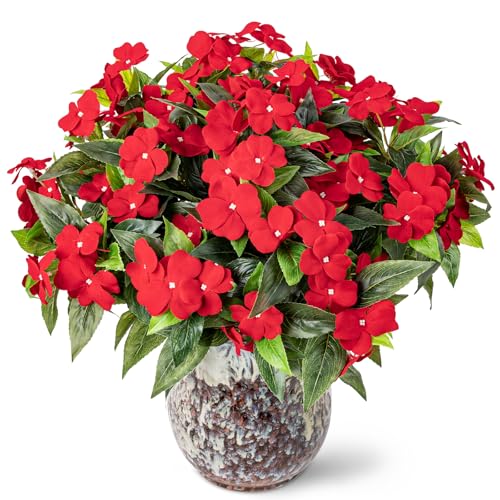 Nigirior Artificial Fake Flowers for Outdoor Décor 6 Bundles UV Resistant Fake Plants for Planter Faux Impatiens for Home Porch/Garden Stunning（Red） - color: Red