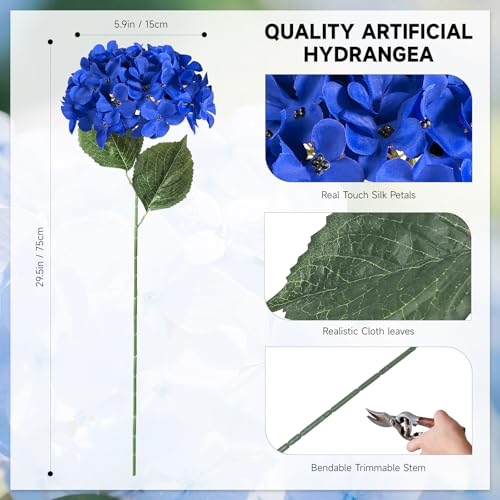 6 PCS Artificial Hydrangea Flowers, Faux Silk Hydrangea with Long Stems, Home Wedding Decor, Table Centerpieces, Party Decorations (Royal Blue) - color: Royal Blue