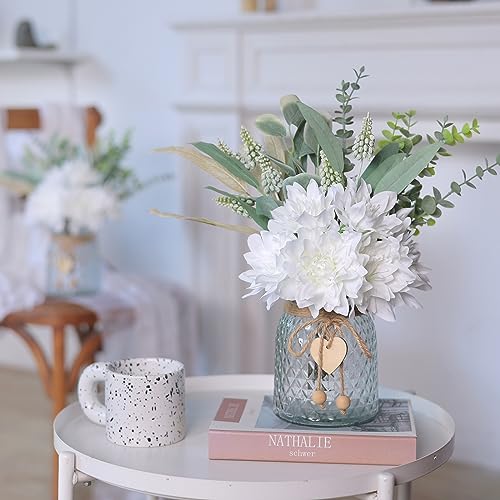 Faux Flowers with Vase,Artificial Silk Flowers in Vase, Fake Plant Eucalyptus and Willow,Flower Arrangement for Home Farmhouse kitchen Dining Table Centerpiece Decorations Coffee Table Decor (White) - color: White