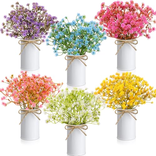 Wavwavw 6 Set Babys Breath Artificial Flowers Centerpieces for Tables Gypsophila Faux Fake Flowers with Vase Floral Arrangement Bouquets for Wedding Dining Table Home Party Decor - color: Pastel Color, size: Baby's Breath