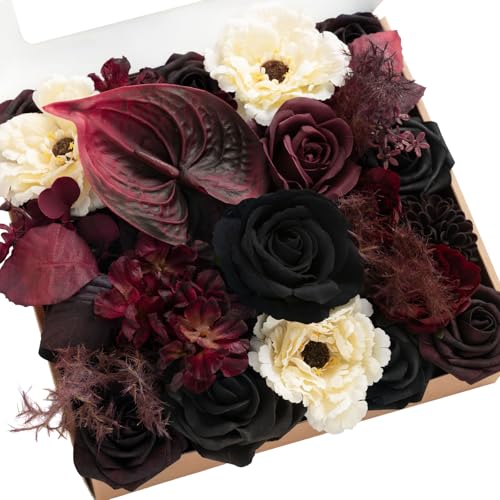 Ling's moment Fake Flowers Box, Faux Artificial Greenery Stems Foam Roses Dahlia Anthurium Silk Hydrangea Fabic Flower for Centerpieces Bouquet Wedding Vase Decorations, Burgundy & Black, Grand Combo - color: Red-burgundy & Black, size: Grand