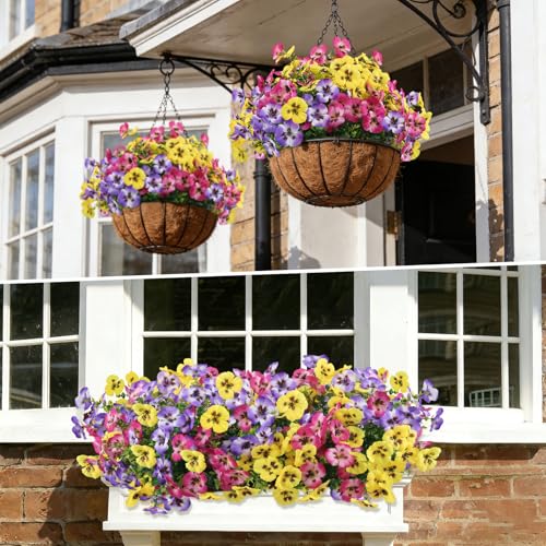 Artificial Pansies Flowers for Outdoor Faux Flower Spring Summer Decor, 12 Bundles Realistic Fake Silk Flowers Outside UV Resistant for Porch Patio Garden Home Window Box Planter Rose Purple Yellow - color: Rose Purple Yellow