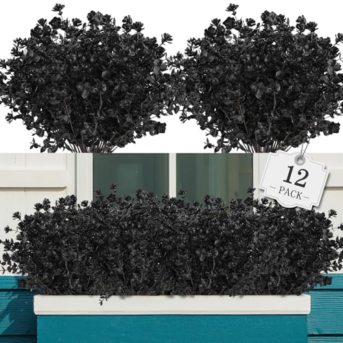 AGIRL 12 Bundles Black Artificial Flowers for Outdoor,No Fade Fake Plastic Flowers Faux Plants for Halloween Decor,Hanging Planters Decoration Indoor Outside Garden Porch Window Box Home Party - color: Black, size: 12