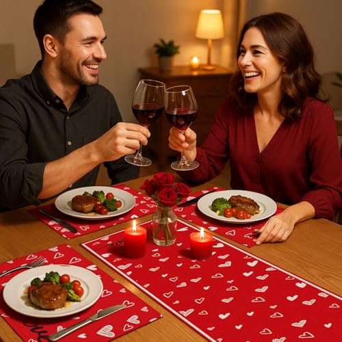 VitalCozy 7 Pcs Valentines Day Table Runner and Placemat Set 72 x 13 Inch Red Love Hearts Runner Anniversary Valentines Table Mat for Holiday Kitchen Dining Wedding Decoration - style: Valentine's Day