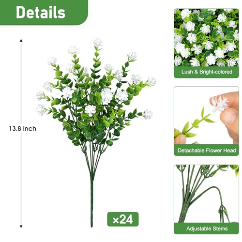 Roberly 24 Bundles Artificial Flowers for Outdoors, UV Resistant Eucalyptus Fake Flowers Shrubs Greenery Plastic Plants for Garden Porch Window Box Farmhouse Indoor Home Decor, White - color: White