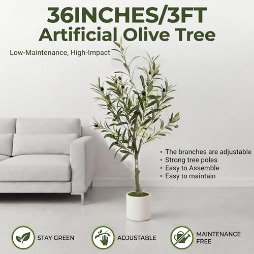 3FT 2pcs Spherical Fake Olive Tree Artificial Indoor,Faux Olive Tree with Pot,Large Olive Branches and Lifelike Fruits,for Home Office House Living Room Decor. - color: Green