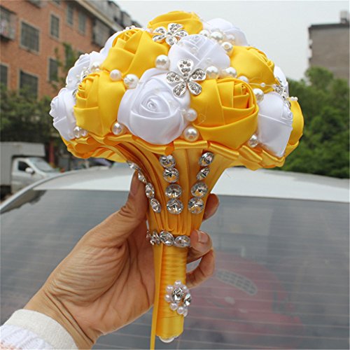 S-ssoy Wedding Bouquet - Bride Bridal Brooch Bouquets Bridesmaid with Free Corsage Flower, Yellow+White - color: Yellow+white
