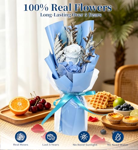 Preserved Flowers Bouquet,Flowers For Delivery,Light Blue Rose Bouquets,Birthday Flowers Gifts For Women Mom Grandma Wife Friends,Real Roses Gift From Daughter Valentine’S Day Mothers Day Anniversary - color: Light Blue, size: Rose Bouquet