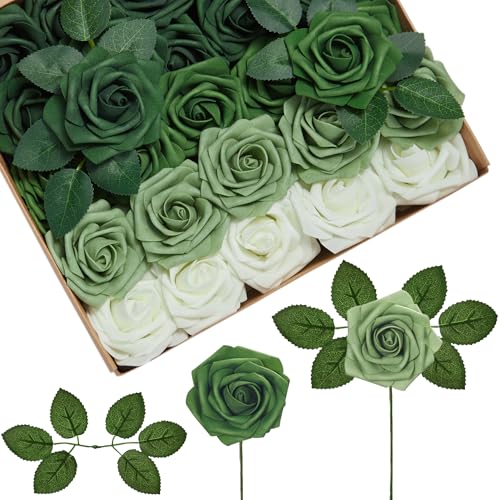InnoGear Artificial Flowers, 50 Pcs Shades of Forest Green Rose Foam Fake Roses Bulk with Stems for Spring St. Patrick's Decoration DIY Wedding Bouquets Centerpieces Bridal Shower Party - color: Shades of Forest