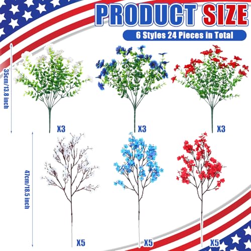 Giegxin 24 Pcs Red Blue White Patriotic Artificial Flowers 4th of July 250th Anniversary Table Centerpieces Decor Fake Baby's Breath Pick Stems Memorial Day for Veterans Home Gypsophila Outdoor Decor