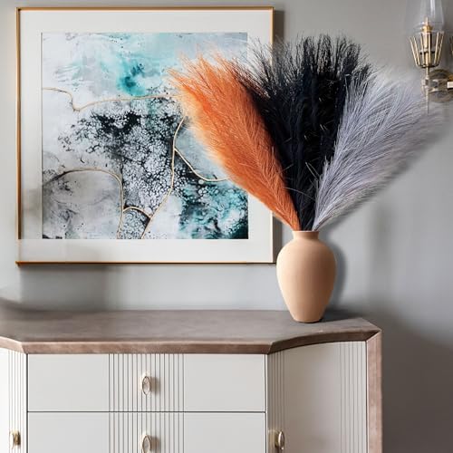 Pampas Grass Decor, Fluffy Faux Pampas Grass 6 Stem 18"/45cm Pompous Grass Small Flower Arrangement and Vase Filler for Boho Home Wedding Decoration - color: Black& Yellow Curry& Light Gray