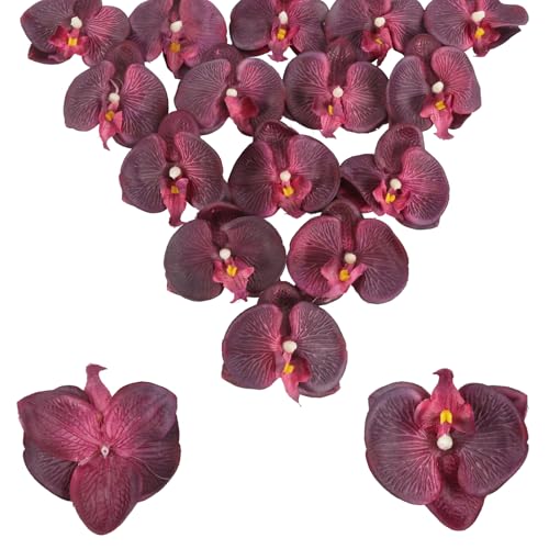 Burgundy Flowers Artificial Orchids Heads 15PCS Faux Orchid 3.35" Fake Flower Heads Maroon Artificial Flowers for Bridal Shower Wedding Centerpieces Home Decor (Burgundy) - color: Burgundy