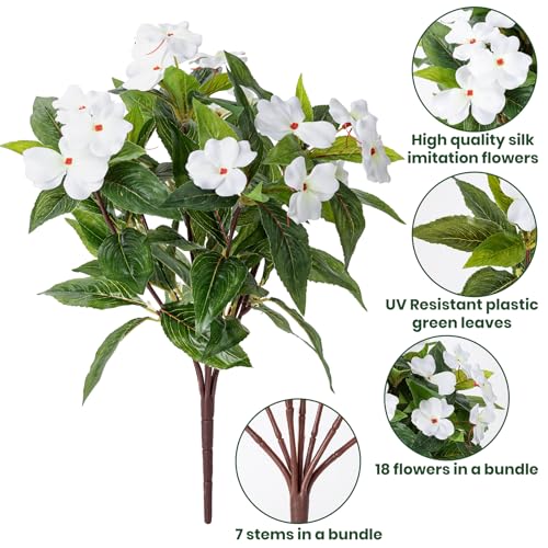 Nigirior Artificial Fake Flowers for Outdoor Décor 6 Bundles UV Resistant Fake Plants for Planter Faux Impatiens for Home Porch/Garden Stunning（White） - color: White