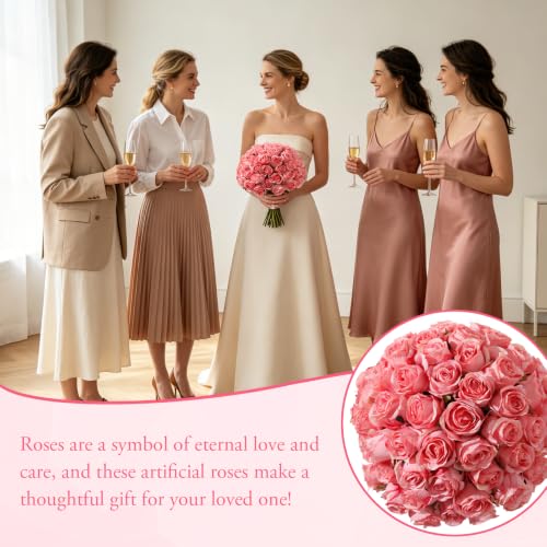 60Pcs Realistic Fake Roses Faux Flowers with Long Stems, Artificial Silk Rose Flowers for Valentines Day Home Wedding Decor Bridal Bouquet (Dark Pink-60) - color: Dark Pink-60