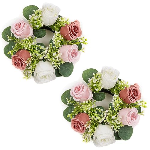 NUPTIO Small Flower Rings for Centerpieces: 9.05 Inch Dusty Rose & White Candle Rose Wreath for Wedding Party Christmas Decorations - Spring Summer Front Door Porch Decor 2 Pcs - color: Dusty Rose & White, size: Dia 9.05"-2pcs