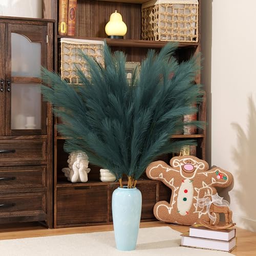 Premium Faux Dark Green Pampas Grass – 43.3" Tall Fluffy Decor, 8pcs 18-Branch One-Piece Stems No Assembly, Luxury Silk-Feel Feather Flowers for Boho Botanical Jungle Home Decor (Forest Green, 110cm) - color: Artificial - Dark Green, size: 8pcs 43.3"(110c