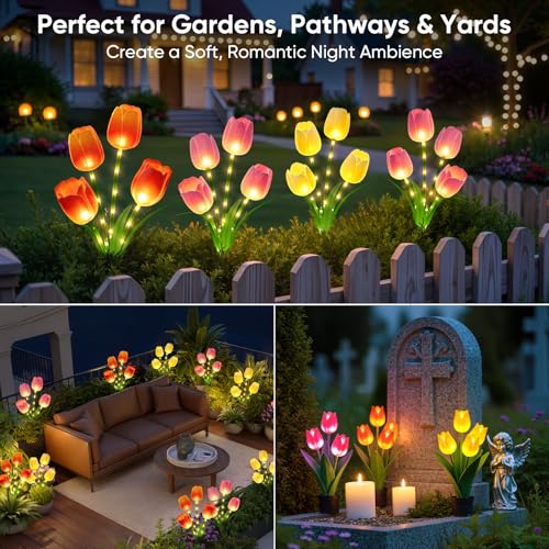 Solar Tulip Lights Outdoor: 3-Pack Solar Flower Garden Lights with Bendable Stems - IP65 Waterproof 800mAh for 12H Lighting - Auto On/Off Garden Decor - Gifts for Mom - Orange Pink Yellow - color: Orange+Pink+Yellow