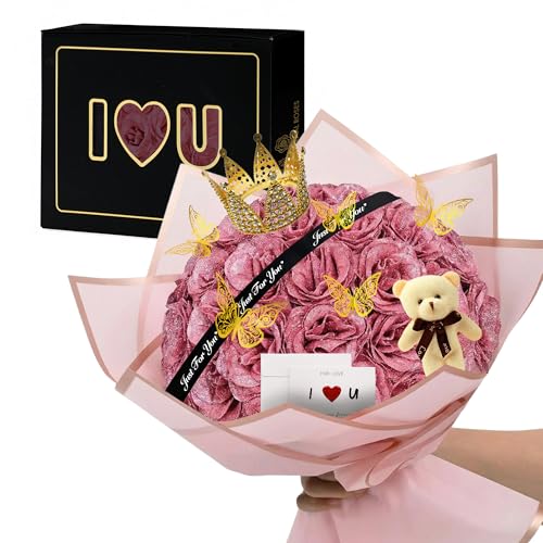 Pink Mothers Day Glitter Flower Bouquet for Mom,Fake Roses, 36 Pcs DIY Artificial Glitter Rose Bouquet, Eternal Flowers Gifts for Girlfriend, Valentines, Birthday, Anniversary, Photo Props - color: Fba-pink